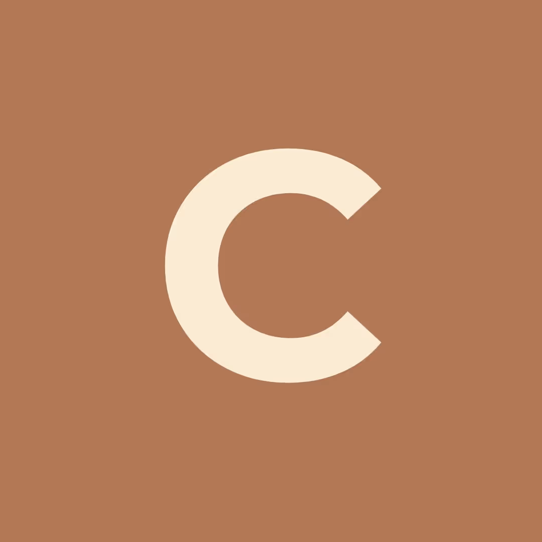 Large cream letter C centered on a brown square background.