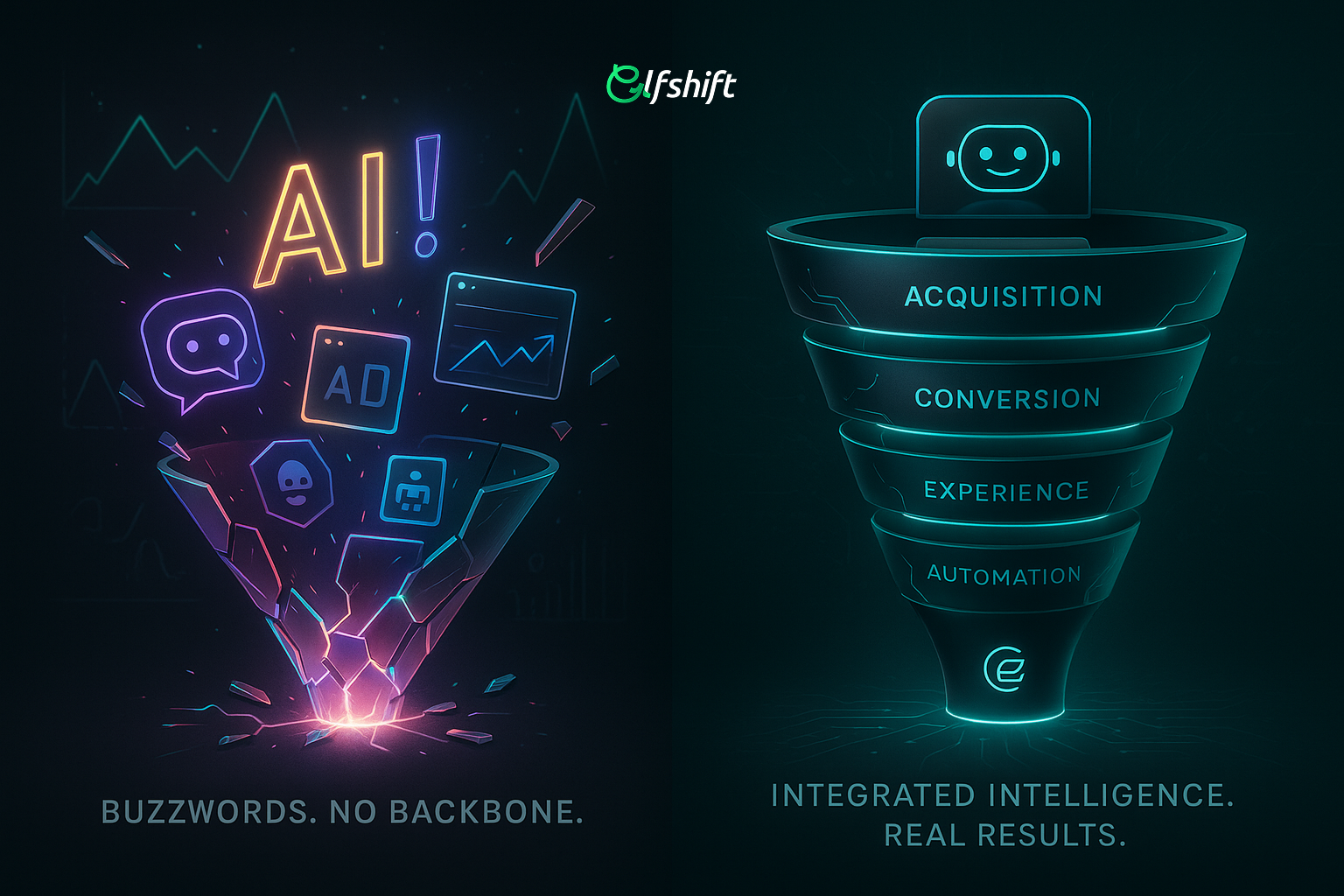 Side-by-side visual comparing a true AI agency with a trend-driven one, highlighting structured funnel vs chaotic buzzwords
