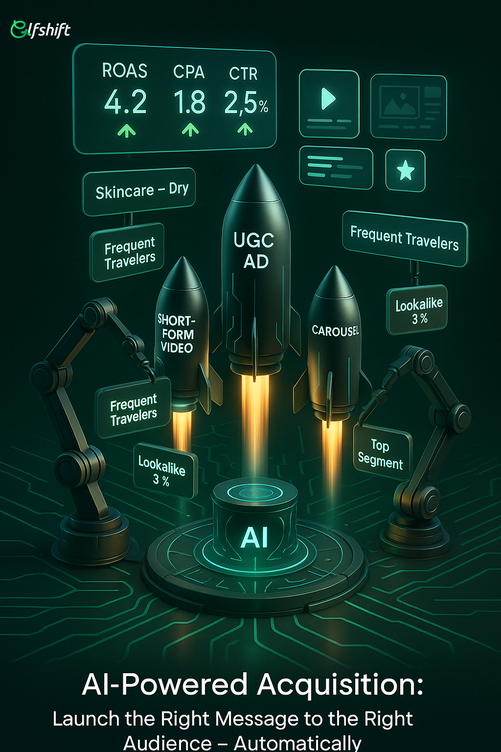 3D scene of rockets representing AI-powered ad campaigns being launched from an AI core