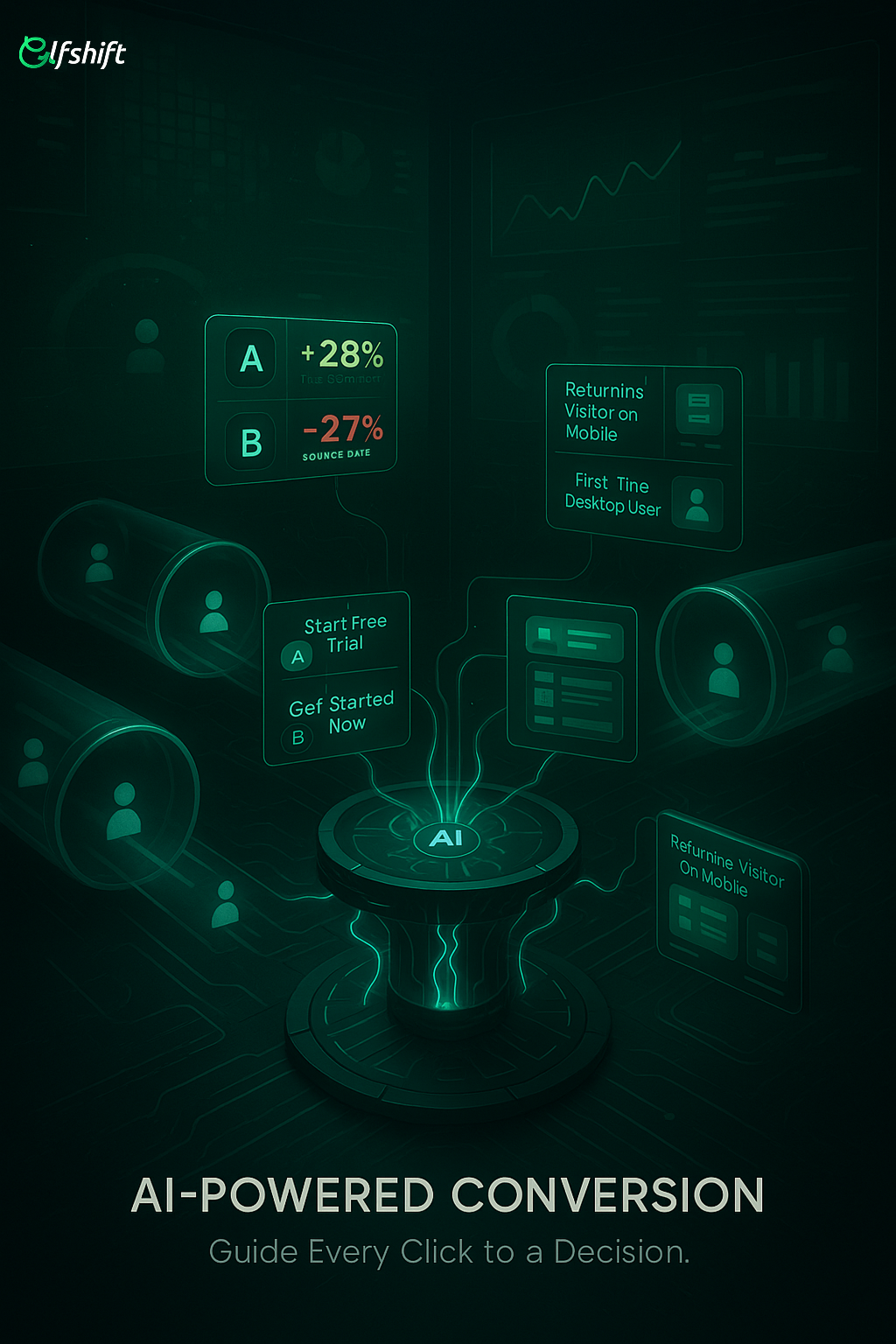 Futuristic control room optimizing conversion paths with AI-generated A/B testing and UI/UX adjustments