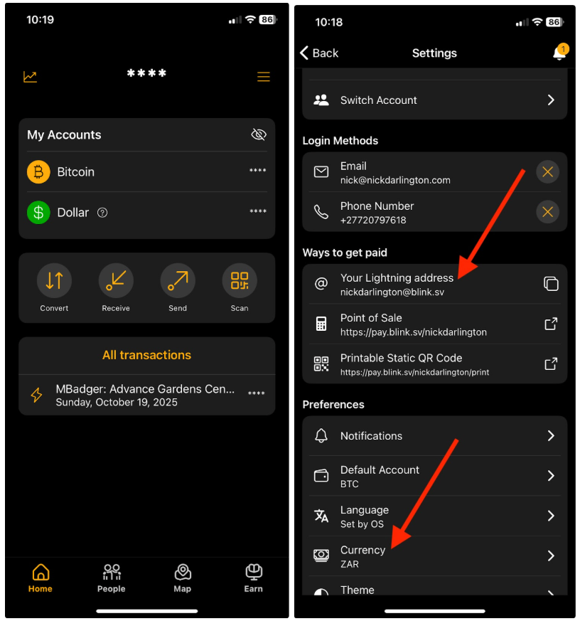 Choose your Lightning address ad set your currency.