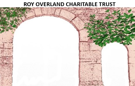 Stone archway with green foliage, Roy Overland Charitable Trust logo
