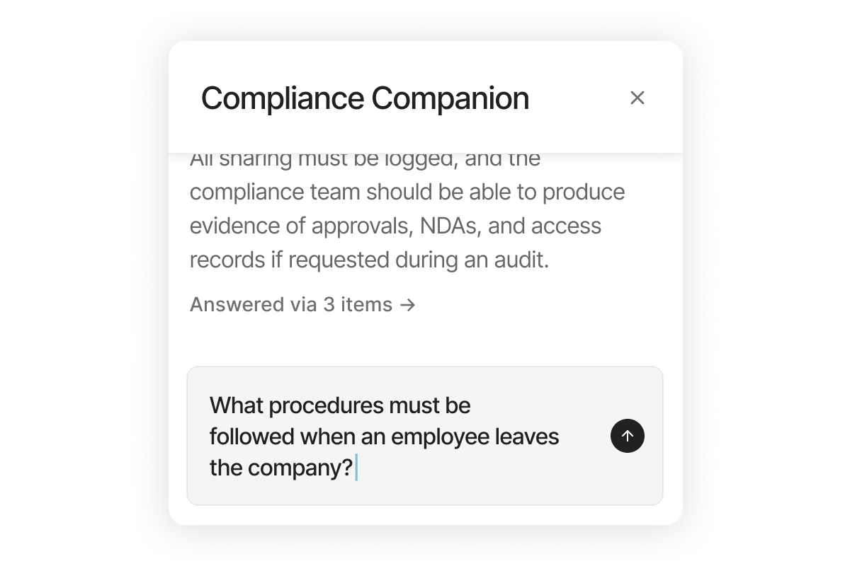 Compliance Companion chat window with question: 'What procedures must be followed when an employee leaves the company?' and partial compliance guidelines text.