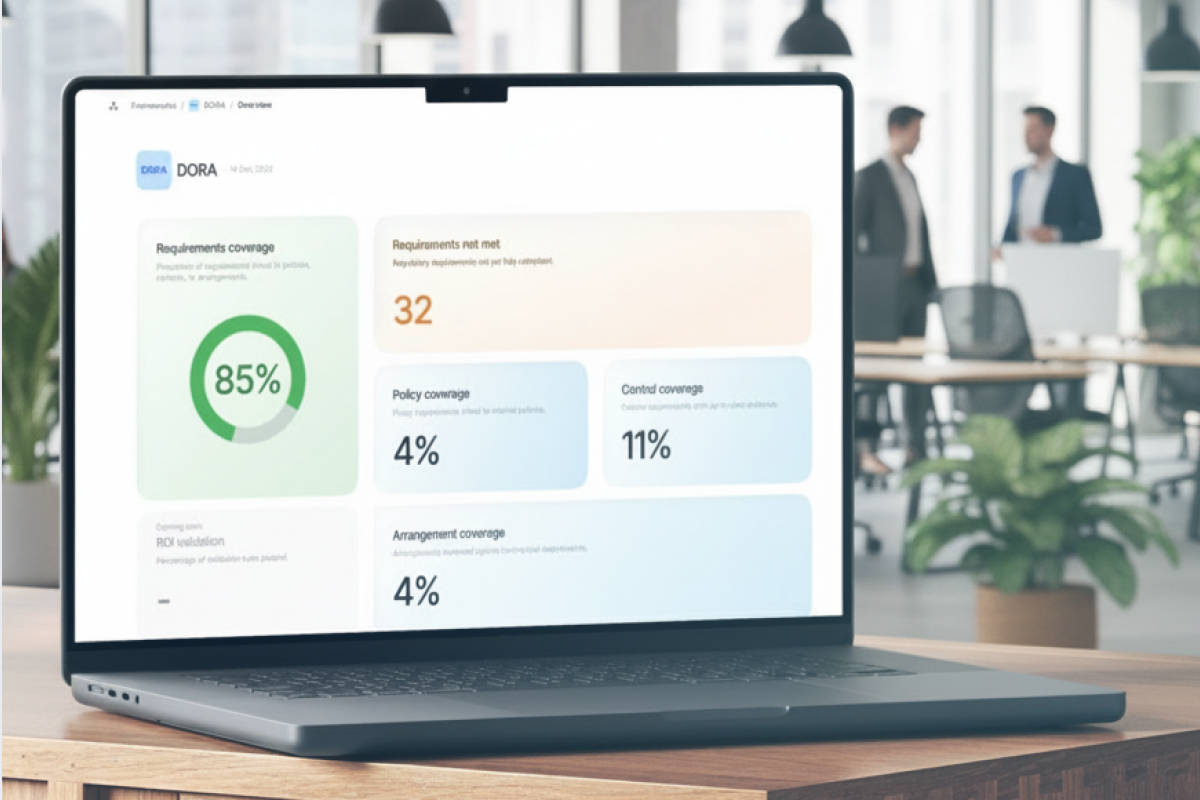 Laptop screen showing a DORA framework dashboard with metrics on requirements coverage at 85%, requirements not met at 32, policy coverage 4%, control coverage 11%, and arrangement coverage 4%.