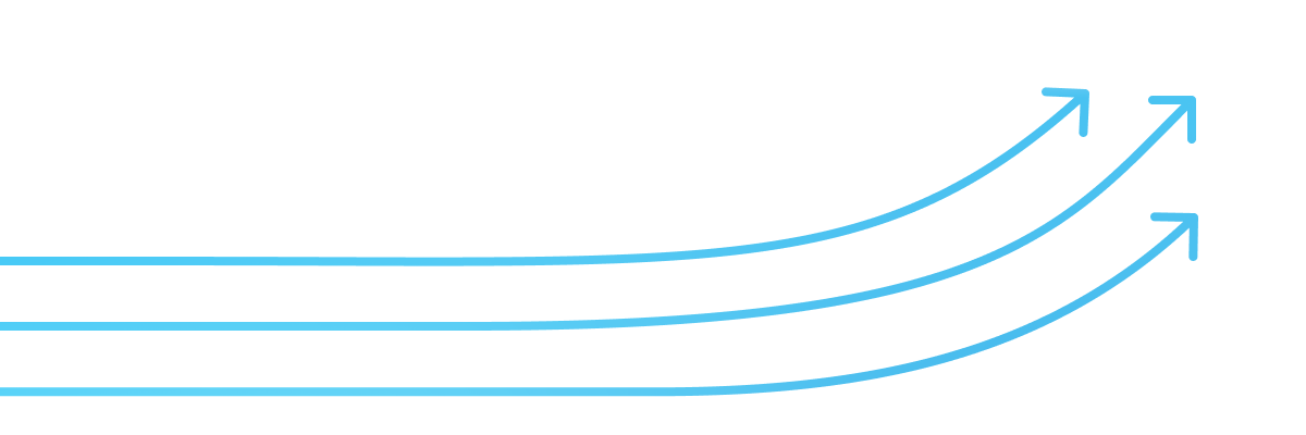 Three parallel blue curved arrows pointing upward to the right on a white background.