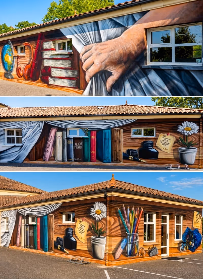 Fresque murale pour collectivité et école/bibliothèque, trompe l'oeil