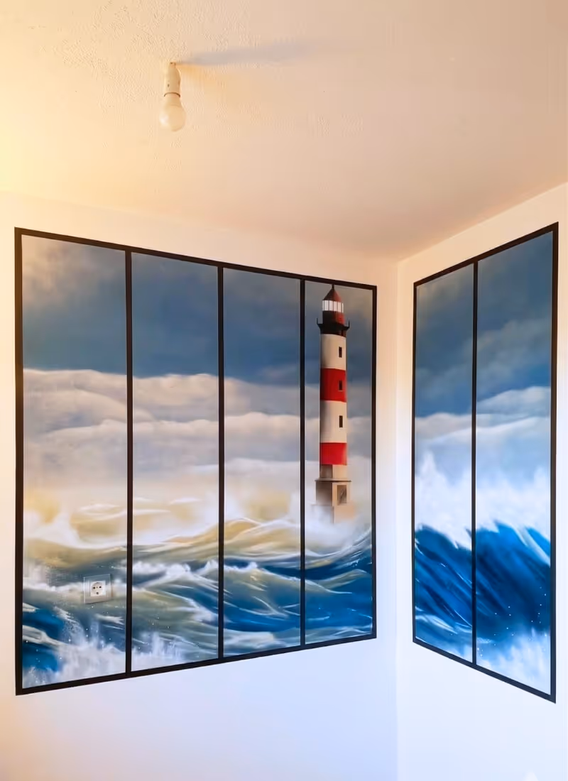 Fresque intérieure trompe l'oeil vue mer et phare
