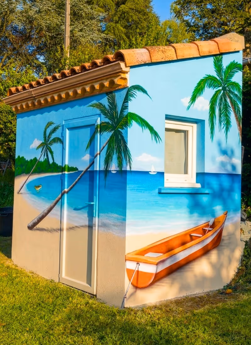 Fresque peinte à la main cabane jardin, ambiance mer et plage