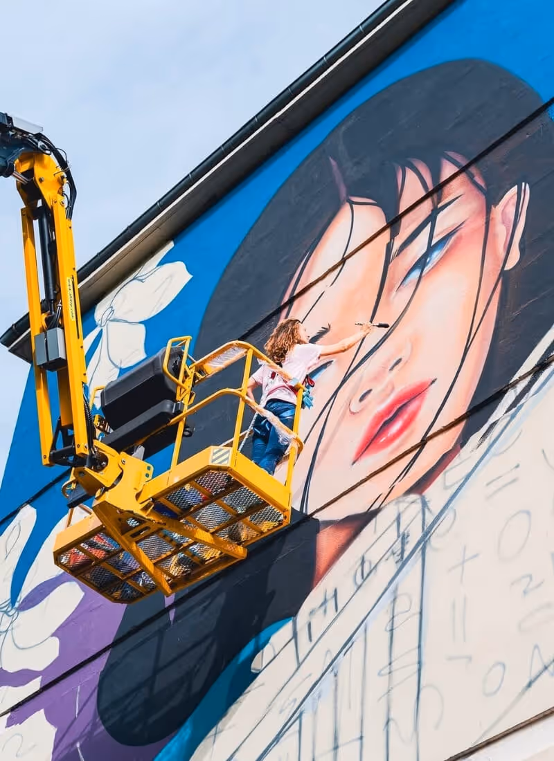 Fresque street-art sur mur extérieur, artiste muraliste France