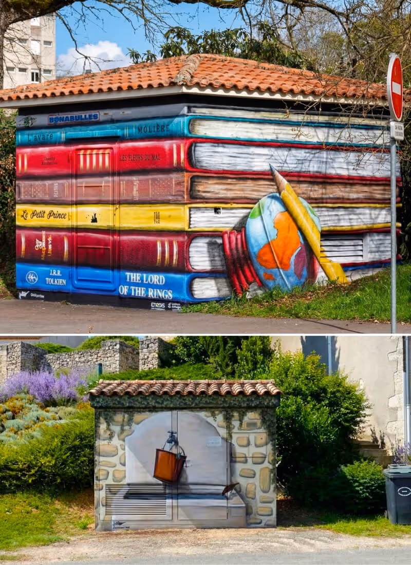 Fresque trompe l'oeil livres géant pour commune, collectivité, village