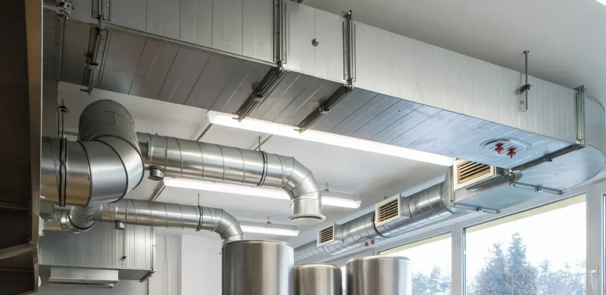 New interior HVAC ductwork in a commercial building in Fife, WA.