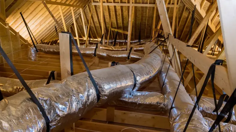 Professionally installed ductwork in a Tacoma, WA attic, complete with straps to hold it in place.
