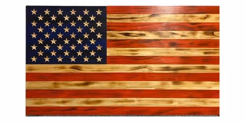Wooden American flag with natural wood grain and painted red, white, and blue sections with stars.