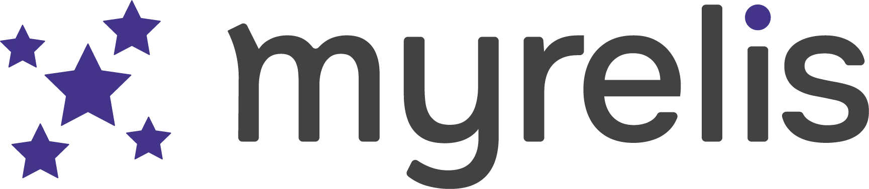 Logo Myrelis avec cinq étoiles violettes à gauche du texte noir.