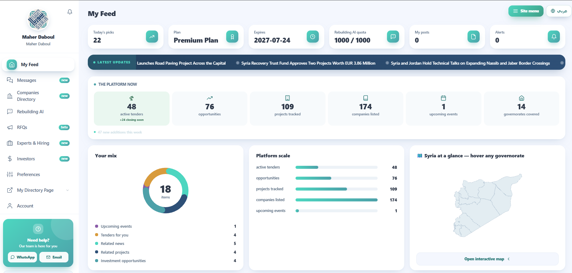 Rebuilding Syria Platform B2B Portal dashboard
