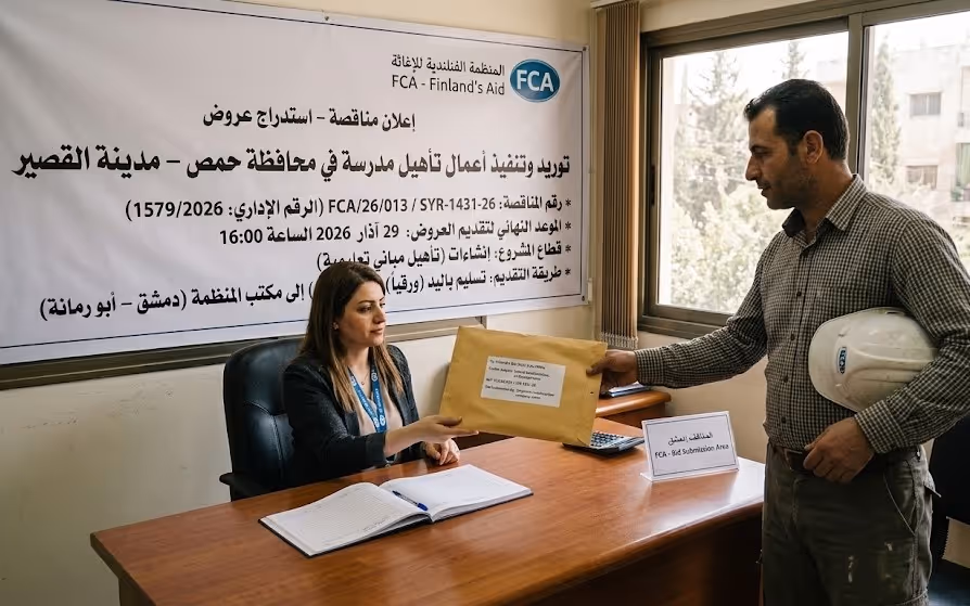 توريد وتنفيذ أعمال إعادة تأهيل المدارس في محافظة حمص - مدينة القصير.