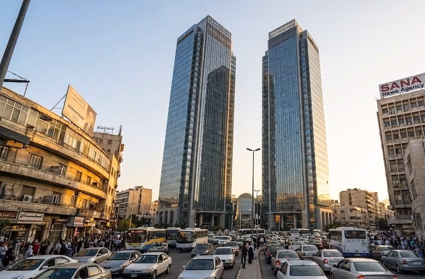 Wider aerial view of the Syria Towers high-rise project in Damascus