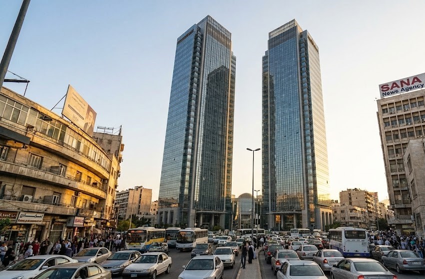 Wider aerial view of the Syria Towers high-rise project in Damascus