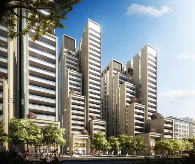 تصور تصميمي لأبراج سكنية بمحلات تجارية أرضية، منشور على صفحة مشروع بوليفارد النصر لدى المطور