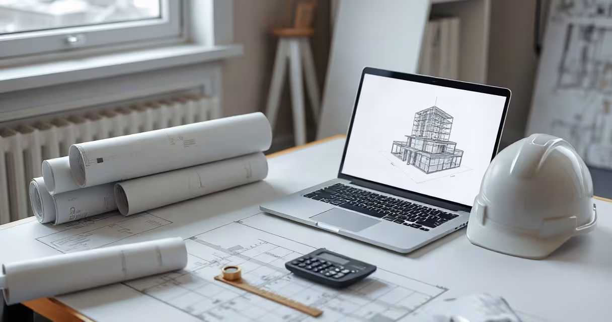 مكتب مهندس عليه مخططات وحاسوب يعرض نموذج بناء ثلاثي الأبعاد وخوذة سلامة