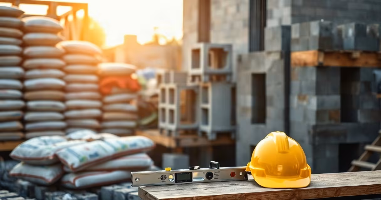 Stacked cement bags, rebar and blocks at an organised building site