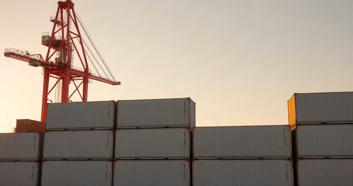Stacked shipping containers at a port with a tall crane at golden hour