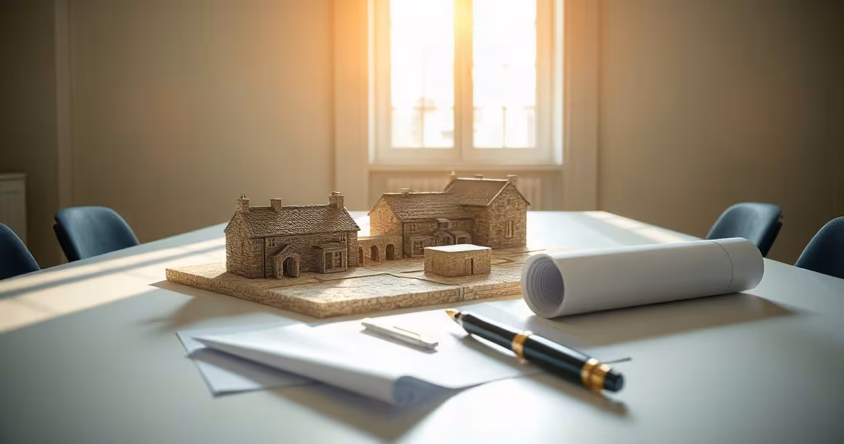 An architectural scale model of stone houses on a sunlit meeting table with drawings and a pen