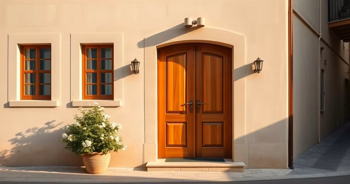 A restored limestone house facade with a new wooden double door and jasmine by the entrance