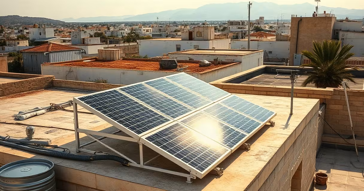 Solar panels on a flat rooftop overlooking city rooftops and distant mountains