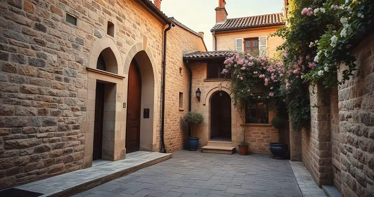 An old stone lane with arches, a wooden door and flowering vines