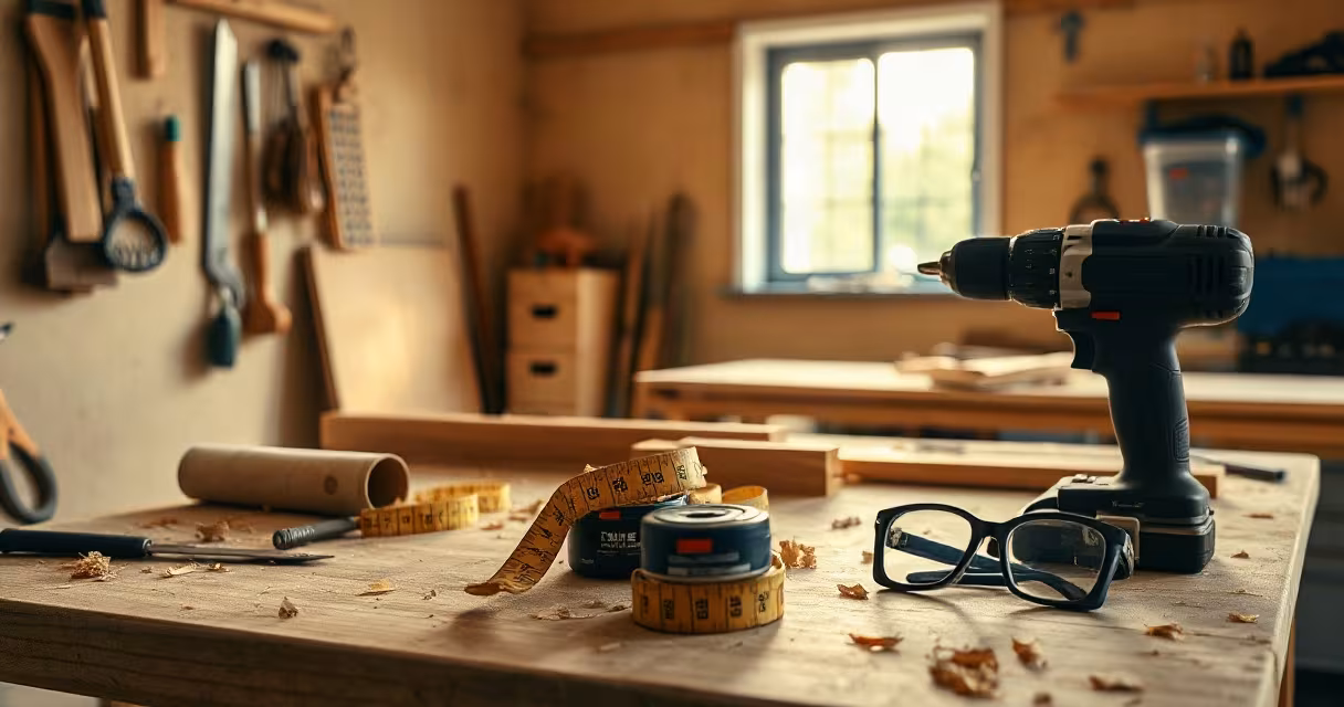 A carpenter's workbench with a drill, measuring tapes and safety glasses in a bright workshop