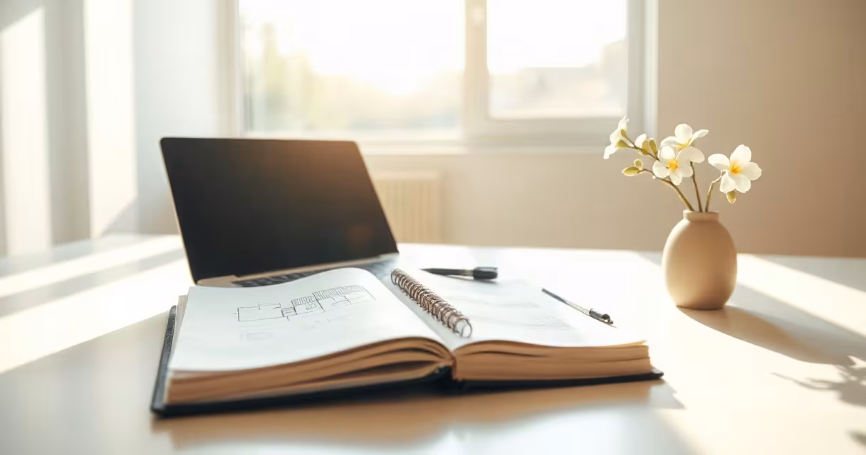 مكتب مضاء بالشمس عليه حاسوب ودفتر مخططات ومزهرية ياسمين صغيرة