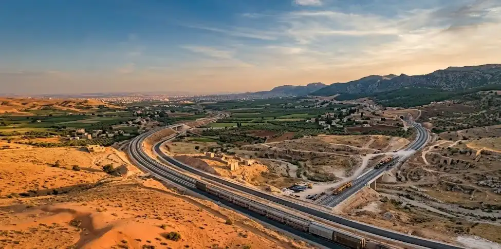 Map-style rendering of the regional railway corridor linking Saudi Arabia, Syria, Jordan, Turkey and Europe