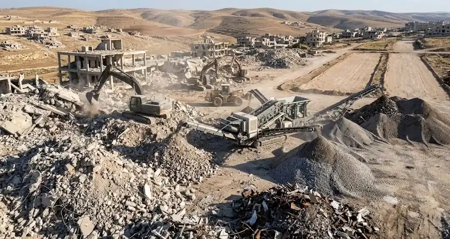 آليات وعمال يزيلون أنقاض الحرب في أحد أحياء شمال حلب