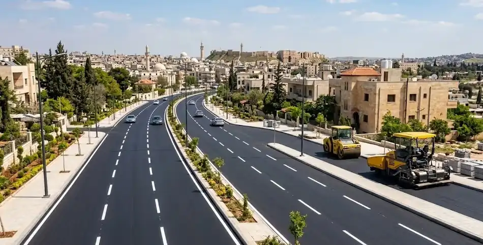 Road resurfacing work under Aleppo's Zero Pothole street rehabilitation project