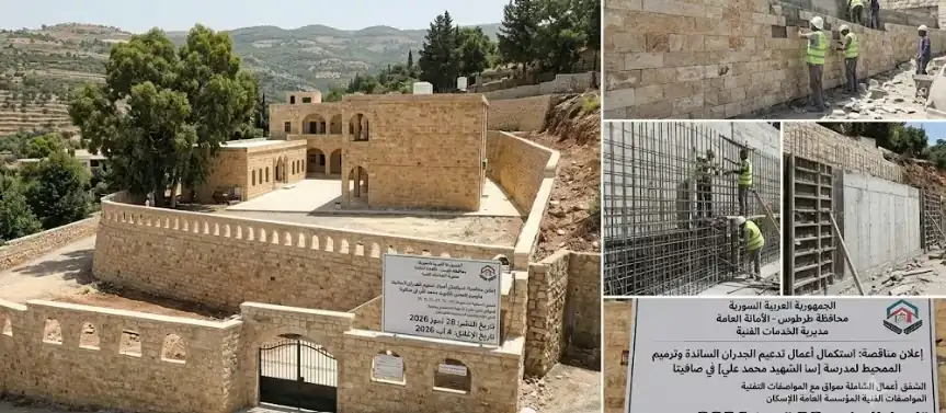 مناقصة تدعيم الجدار الاستنادي وترميم السور المدرسي لمحافظة طرطوس في صافيتا