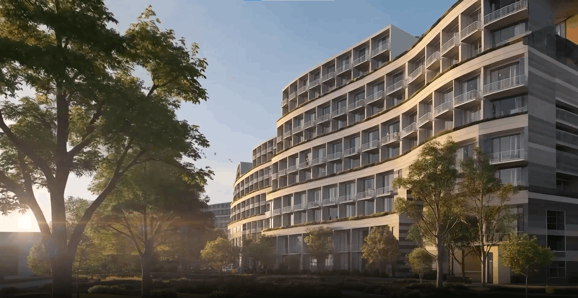Concept rendering of a curved residential building with balconies among trees at sunset, Al-Naser Boulevard