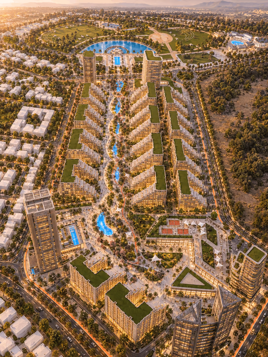 تصور تصميمي من الأعلى لبوليفارد النصر في حمص عند الغروب، يُظهر كتلاً سكنية مدرَّجة بأسطح خضراء حول قناة مائية وحديقة عامة ببحيرة