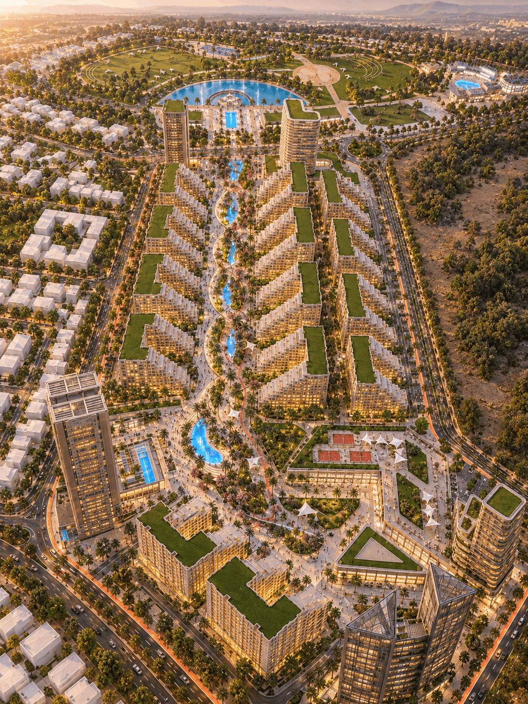 Aerial concept rendering of Al-Naser Boulevard at sunset, with terraced residential blocks around a landscaped water channel and a public park with a lake