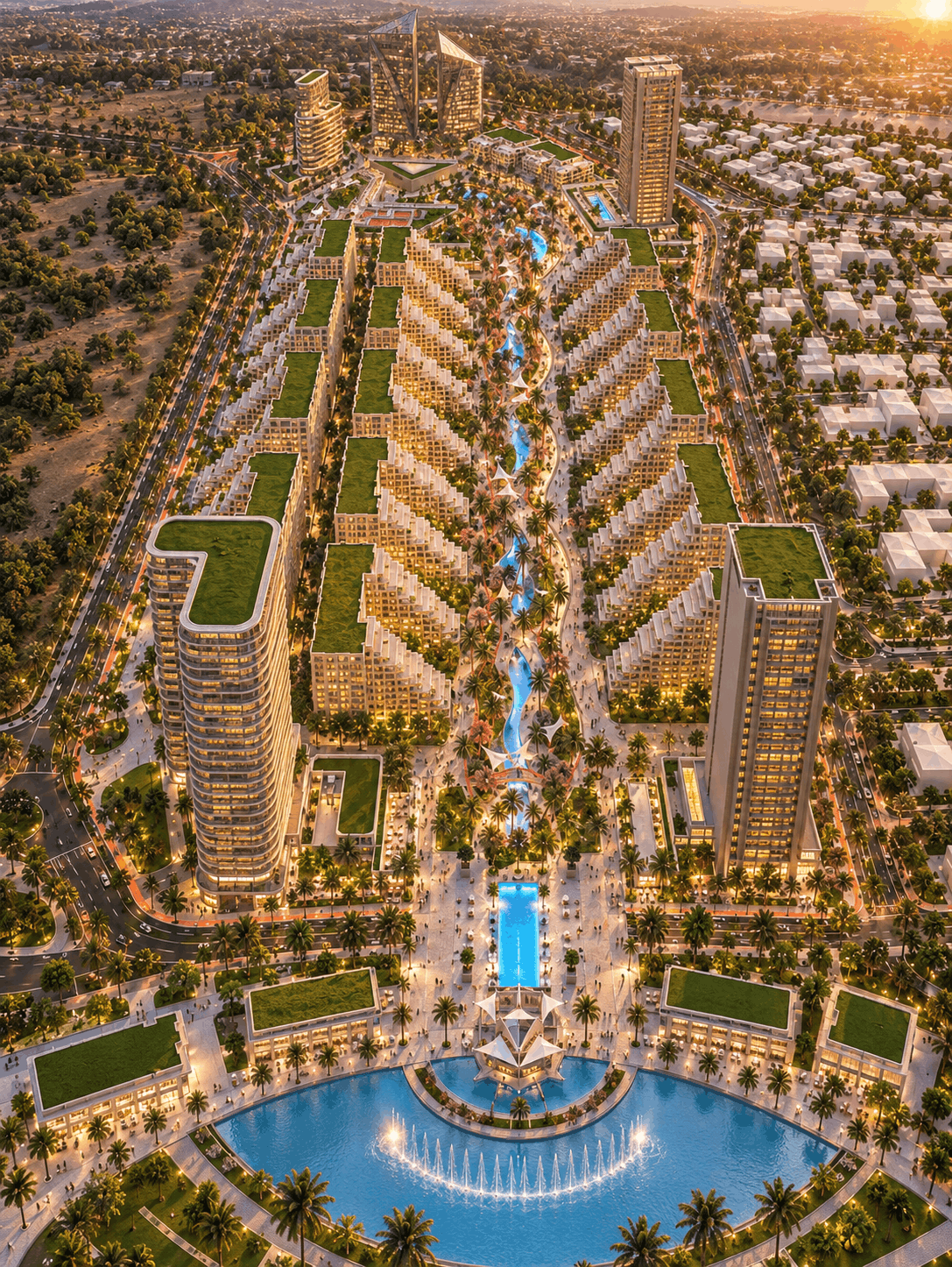 Aerial concept rendering of Al-Naser Boulevard looking along the central water channel toward a large fountain lake, with residential towers and terraced blocks on both sides
