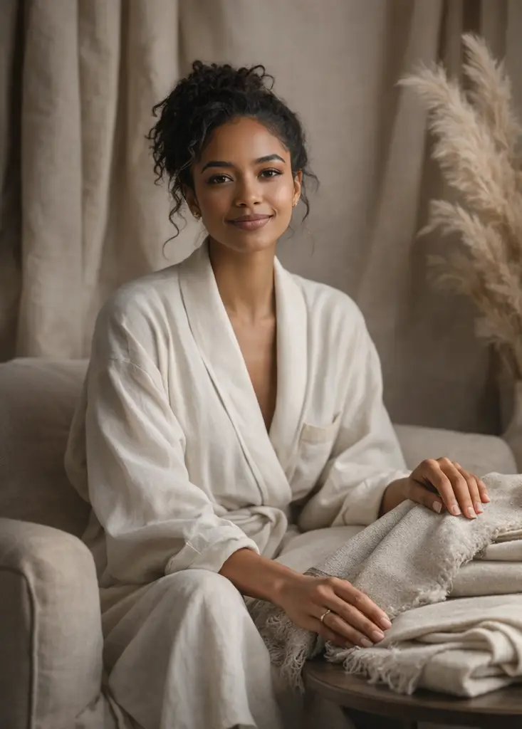 Woman wearing a JC robe with linen textiles in hand