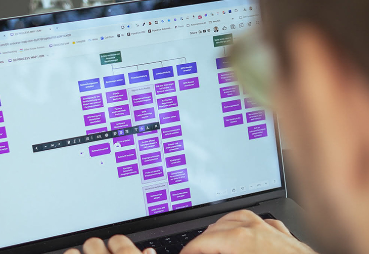 Person, die auf einem Laptop an einer farbcodierten digitalen Prozesskarte mit mehreren verbundenen Kästchen arbeitet.