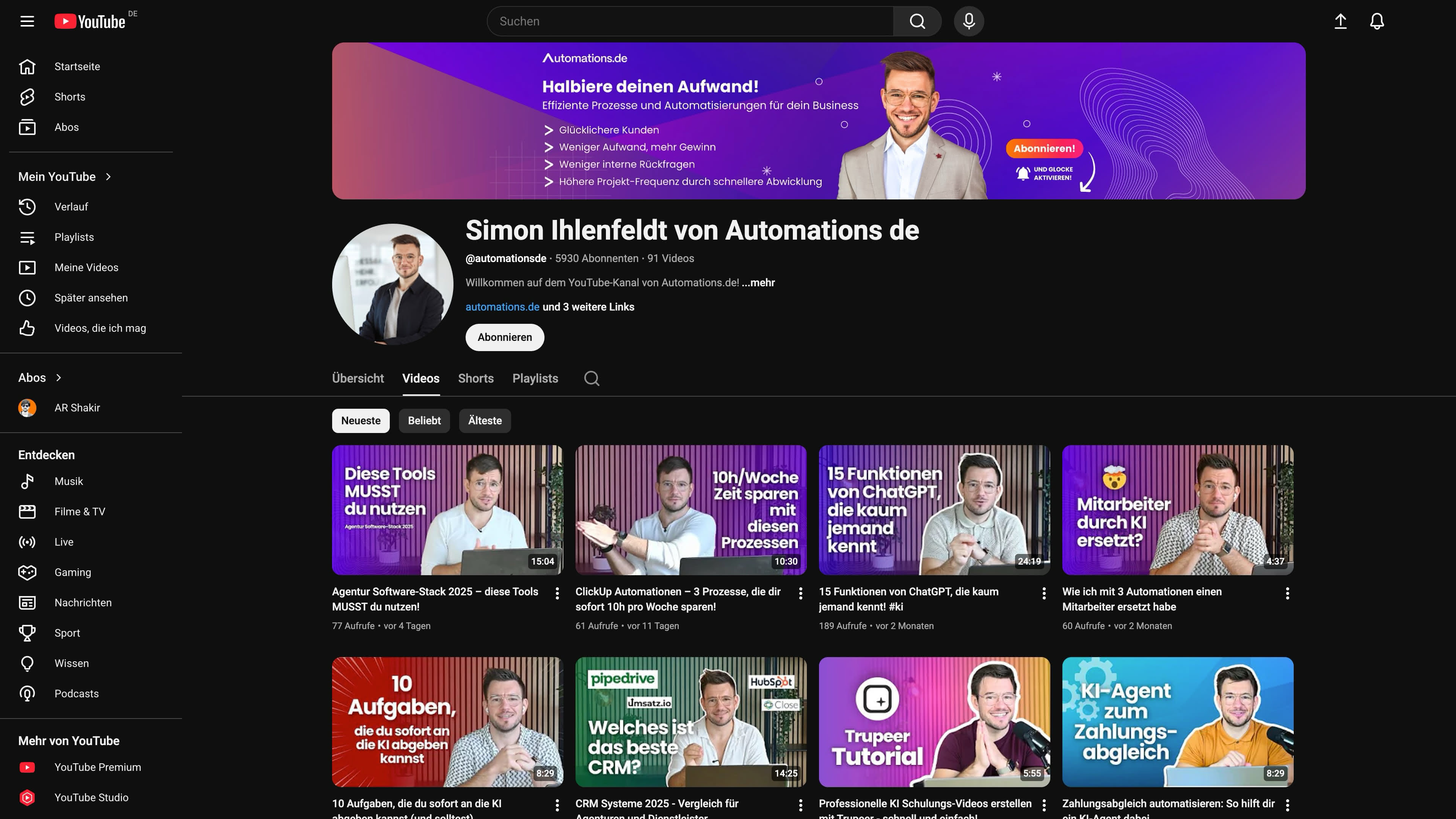 YouTube-Kanalseite von Simon Ihlenfeldt mit Videos zu Automatisierungen, ChatGPT-Funktionen und KI-Anwendungen.