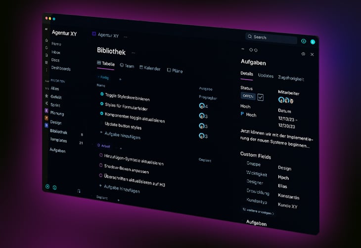 Bildschirmansicht einer dunklen Software-Oberfläche mit einer Bibliotheks- und Aufgabenübersicht in deutscher Sprache.