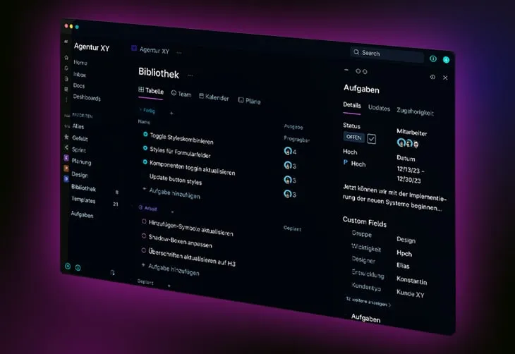 Bildschirmansicht einer dunklen Software-Oberfläche mit einer Bibliotheks- und Aufgabenübersicht in deutscher Sprache.