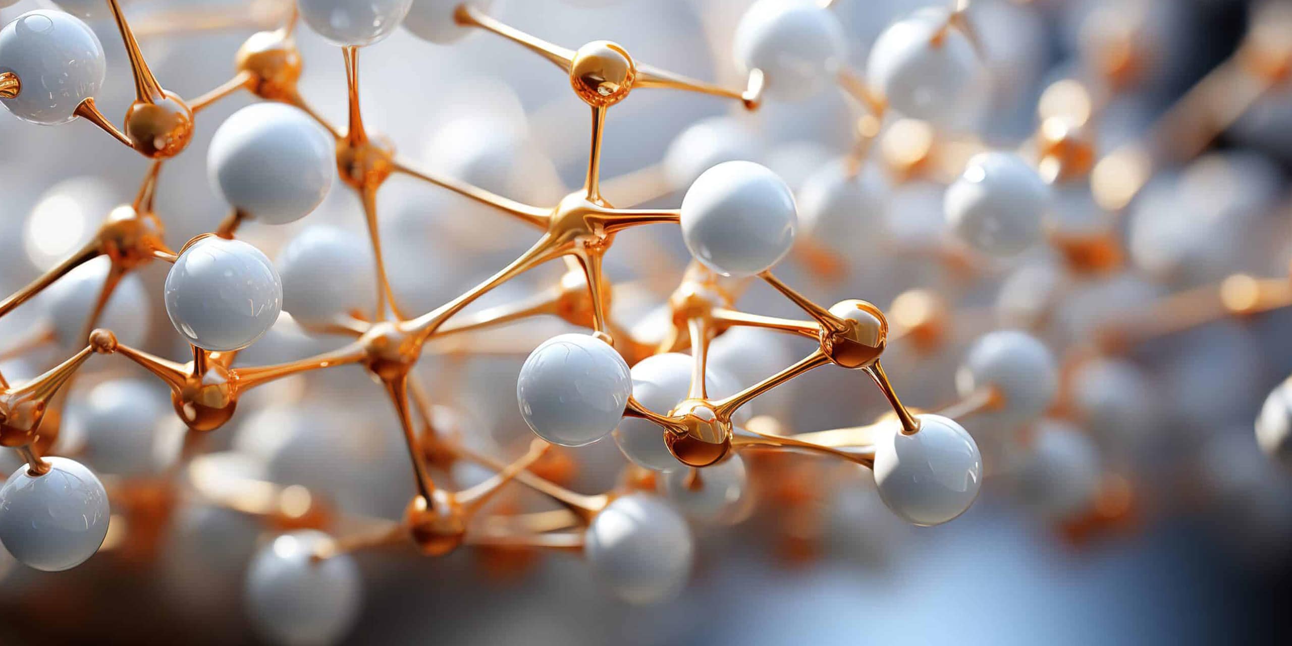 3D rendering of molecular structure with white and gold connected spheres.