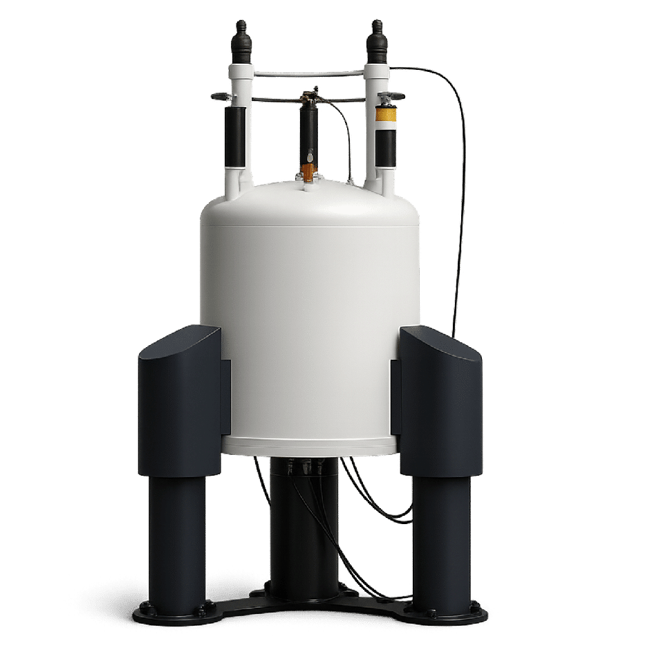 Modern nuclear magnetic resonance spectrometer with a white cylindrical body supported by a black base and connected cables.