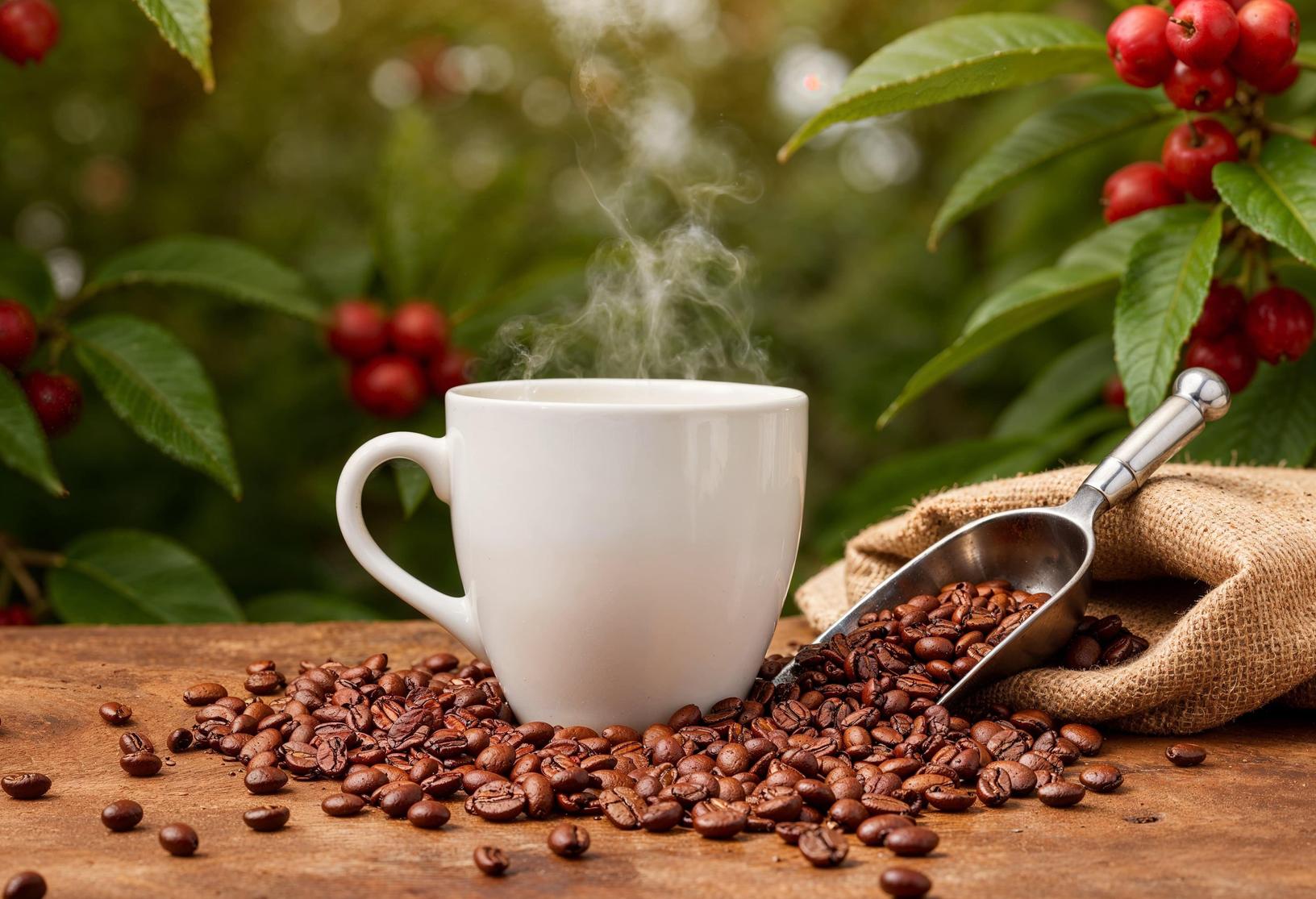 Cup of coffee with beans used for arabica and robusta verification.