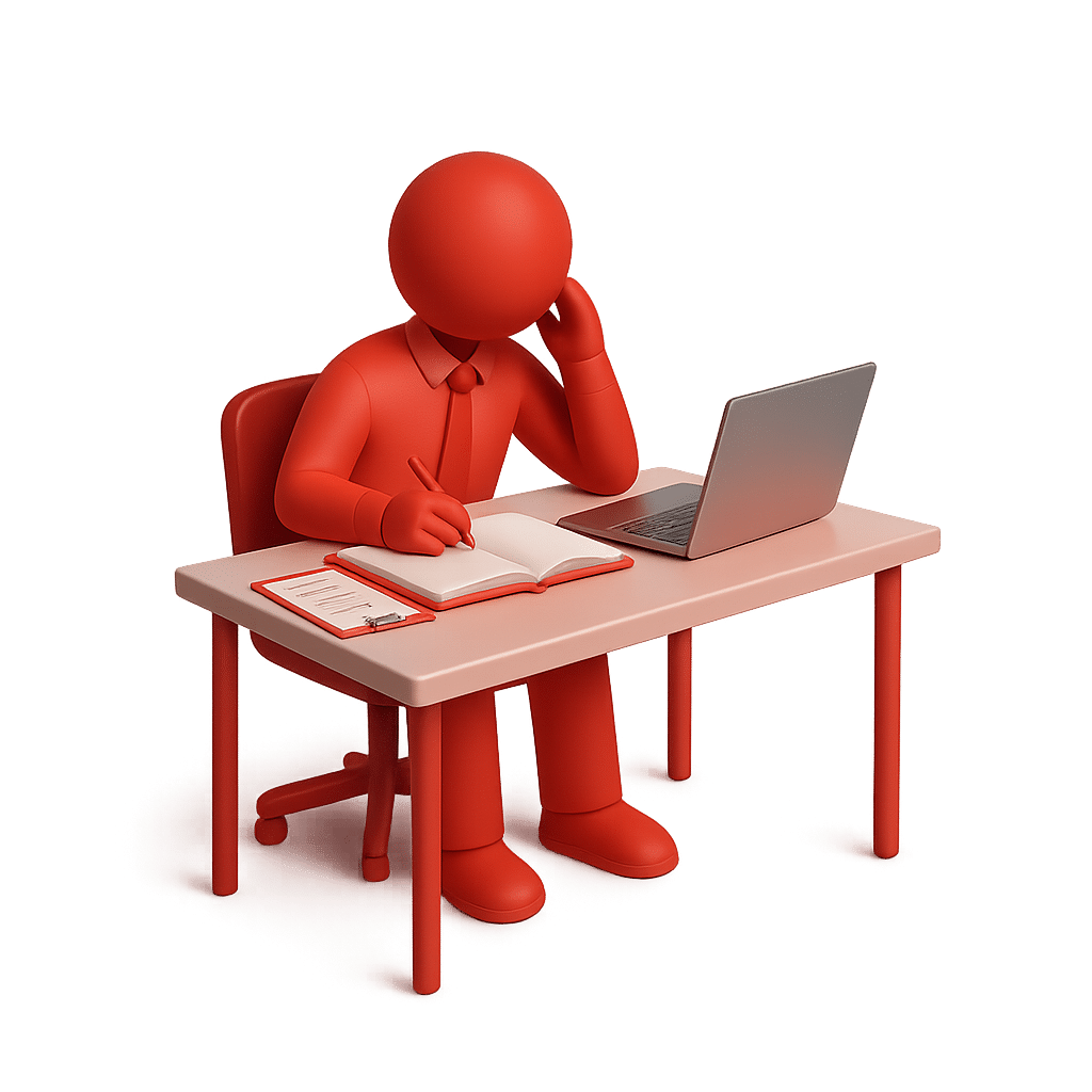 Red 3D figure working on laptop and writing notes at desk.