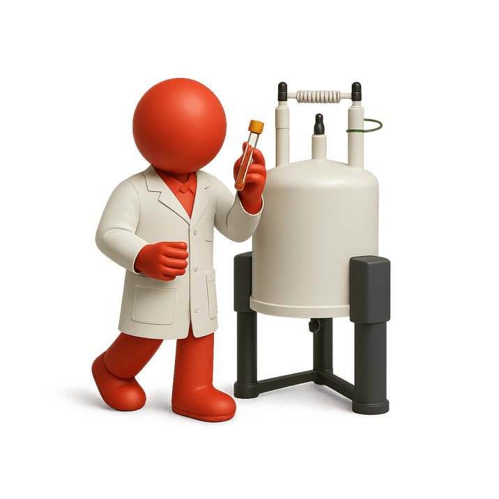 3D illustration of scientist holding test sample beside NMR machine.